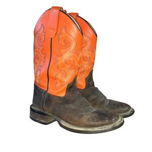 Old West Youth 13 D Brown Orange Square Toe Western Boots Cowboy Six-Row Stitch